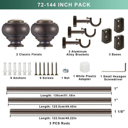 1 1/8 Inch Heavy Duty Curtain Rods, Single Curtain Rod for Window 72-144 Inch(6-12ft), Telescoping Drapery Rods with Classic Finials and Adjustable Aluminum Alloy Brackets, Antique Brown - color: Antique Brown, size: 72-144"