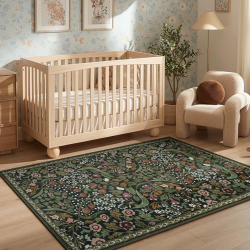 Lahome Olive Green Botanical Rug, 3x5 Washable Floral Entryway Rug - color: Green, size: 3' x 5'