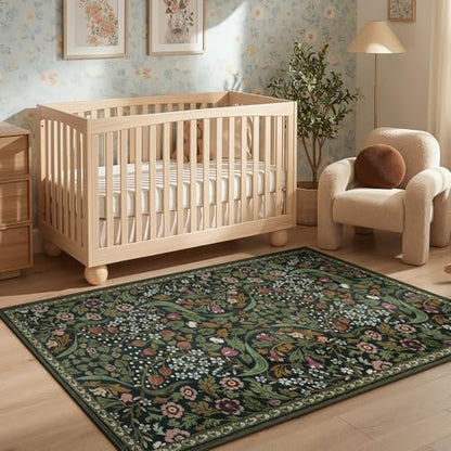 Lahome Olive Green Botanical Rug, 3x5 Washable Floral Entryway Rug - color: Green, size: 3' x 5'