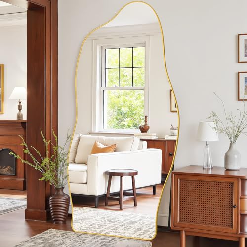 Antok Irregular Full Length Mirror, 76"x36" Asymmetrical Floor Mirror with Stand, Standing Hanging Leaning Irregular Mirrors for Bedroom Living Room Entryway, Cloud Shaped, Golden - color: Gold, size: 76"L x 36"W, style: Cloud Shaped Style
