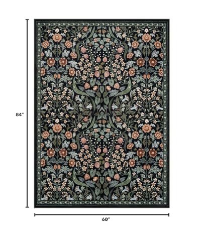 Lahome Dark Botanical Rug, 5x7 Washable Floral Area Rugs for Living Room - color: Black, size: 5' x 7'