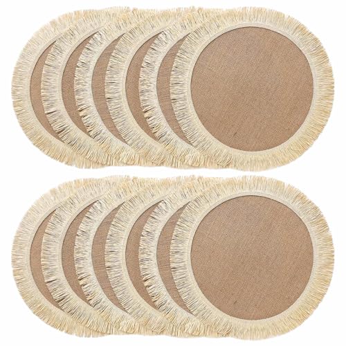 FunWheat Burlap Round Braided Placemats Set of 12 for Dining Tables 15 Inch Heat Resistant Jute Table Mats Farmhouse Woven Fabric Natural Place mats for Fall Decorations Indoor Outdoor(Beige) - color: Sunflower Beige, size: 12pcs