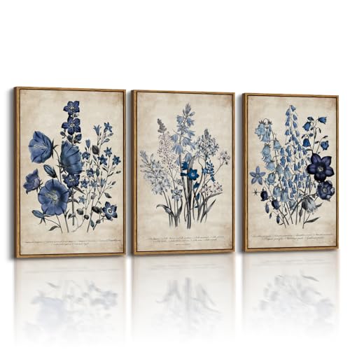 InSimSea Oversized Vintage Botanical Art, Blue Picture, 3Pcs,16x24in | Framed Canvas Artwork, French Country, Rustic Farmhouse Decor, Bedroom Above of Bed Living Room Hallway - color: Blue Botanical