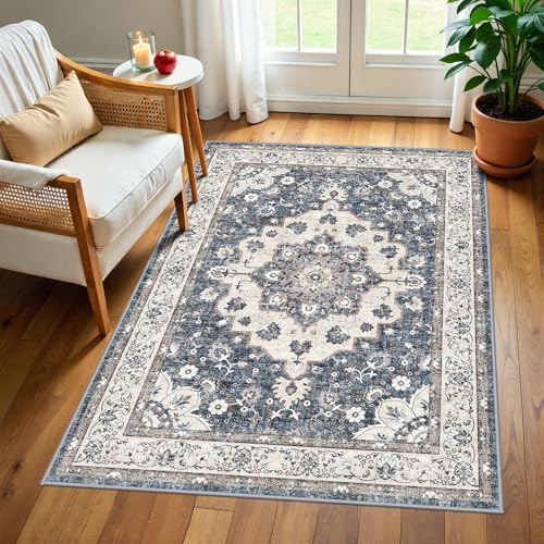 Washable 3x4 Entryway Area Rug: Non-Slip Stain Resistant Floor Mat Light Weight Thin Runner Rug for Hallway Kitchen Bedside Soft Low-Pile Indoor Entrance Carpet for Family with Cats & Dogs (3x4,Blue) - color: Blue, size: 3' x 4' (Rectangular)