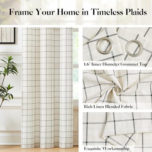 Aspen Plaid 54 Inch Natural Linen Curtains Black White Stripes - color: Plaid Beige/Black, size: 40"W x 54"L (Pack of 2)