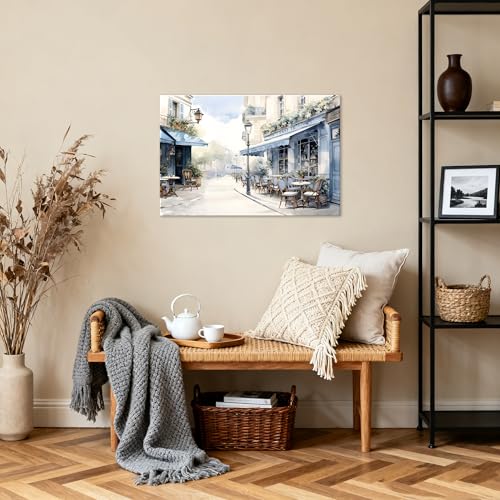 Framed Paris Cafe Canvas Wall Art, 24"x16" Blue Street Scene - color: Blue 01, size: 24"L x 16"W