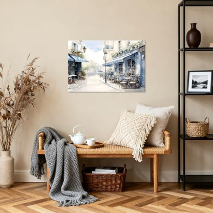 Framed Paris Cafe Canvas Wall Art, 24"x16" Blue Street Scene - color: Blue 01, size: 24"L x 16"W