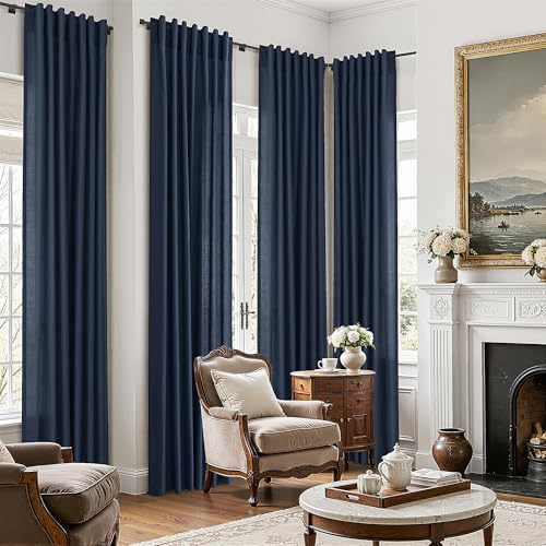 BOODII Linen Curtains 96 Inch Long 8ft for Living Room Navy Blue 2 Panels - color: Navy Blue, size: 52"W x 96"L (Pack of 2)
