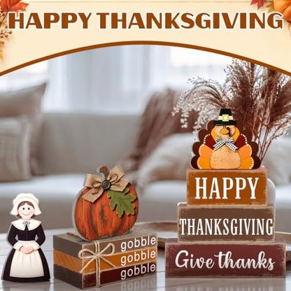 11 Pcs Fall Thanksgiving Table Decoration Farmhouse Tiered Tray Decor Wooden Turkey Pilgrim Couple Table Signs for Autumn Thanksgiving Harvest Party Home Kitchen Shelf - style: Thanksgiving