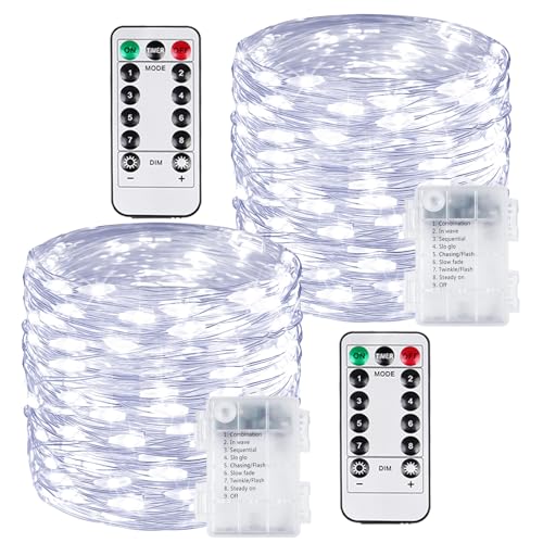 2 Pack 100 LED Fairy Lights Battery Operated with Remote, 33 FT Cool White - color: Cool White, size: 2PK（100LED with Remote）