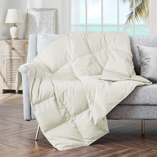 puredown® Soft Feather Down Throw Blanket Lightweight Packable Couch Throw for Indoor and Outdoor Use, Throw 50"X70", Ivory - color: Light Khaki, size: Throw