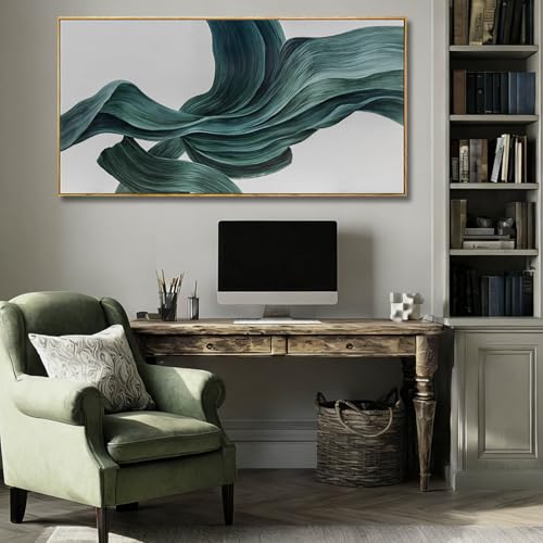 Green Abstract Wall Art 24x48 Inch, Large Framed Canvas Painting with Wooden Frame, Modern Minimalist Wall Decor for Living Room Bedroom or Office - color: Teal Green & White, size: 48"L x 24"W