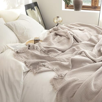 FOSSA Muslin Blanket 4-Layer 100% Cotton Gauze Blanket with Fringe 50"x60" - color: Beige Gray, size: Throw (60" × 50")