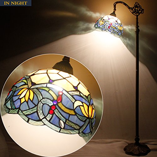 WERFACTORY Tiffany Floor Lamp Blue Lotus Flower Stained Glass Arched Lamp