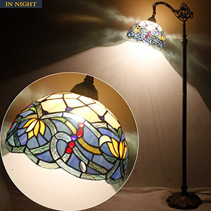 WERFACTORY Tiffany Floor Lamp Blue Lotus Flower Stained Glass Arched Lamp