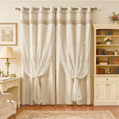 Amidoudou 1 Pair European Double Layer Curtains for Living Room Bedroom Luxury Flower Embroidered Curtains with Valance (Beige,52x96 Inch) - color: Beige, size: 52"W x 96"L (Pack of 2)