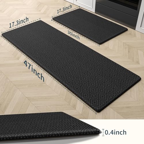 Kitchen Mat 2PCS Kitchen Rugs Cushioned Anti-Fatigue Rug Standing Desk Mat - color: Black, size: 47"L x 17.3"W x 0.4"Th