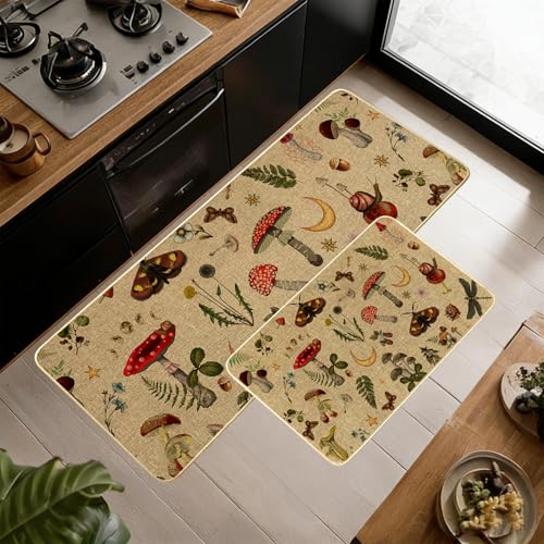 Mushroom Rug Mushrooms Butterfly Spring Kitchen Mats for Floor,Beige Kitchen Rug Set of 2 Washable Floor Mats Rubber Rugs Runner Standing Mat Non Slip Rugs Runners for Sink,Dishwasher,17x29+17x47 inch - color: Beige