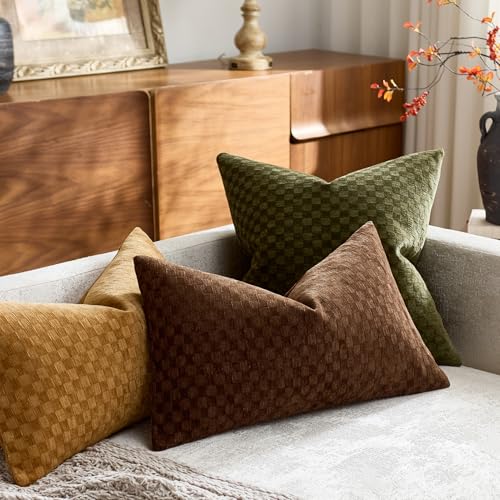 Croker Horse 24x24'' inches Chenille Plaid Throw Pillow Cover – Green Textured 3D Geometric Grid Checkered Plaid Pattern, Soft Modern Farmhouse Boho Cushion Case for Sofa Couch Bedroom Living Room - color: Green, size: 24" x 24" (Pack of 1)