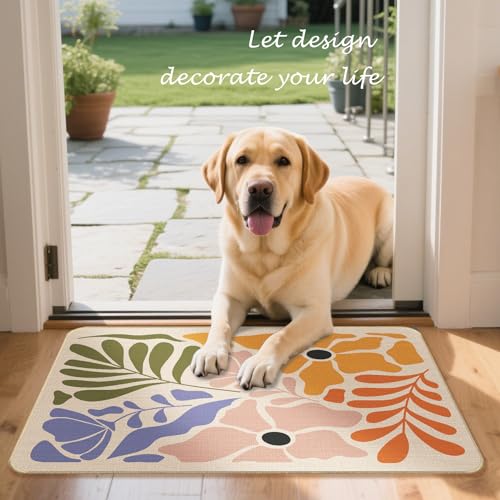 Boho Abstract Floral Faux Linen Door Mat, Minimalist Abstract Botanical Doormat Outdoor Indoor Entrance Porch, Boho Mid Century Modern Welcome Mats for Front Door, 17x30 Inch - color: Boho 4