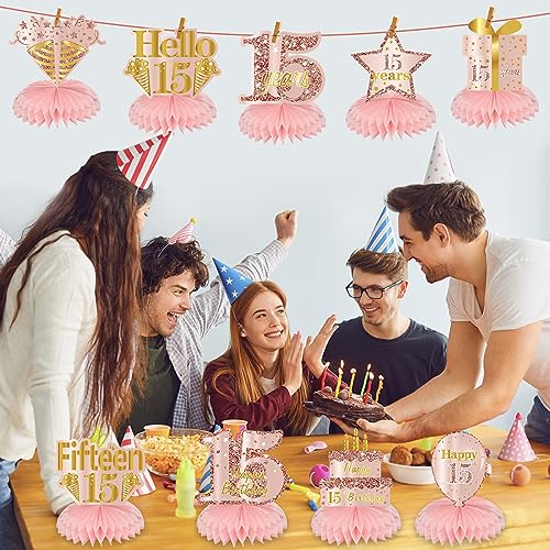 Turypaty Happy 15th Birthday Honeycomb Table Centerpieces Decorations Girls - style: Pink Rose Gold 15th
