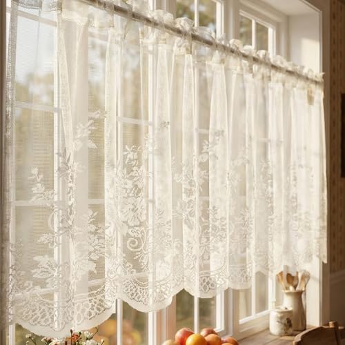 Molaxhome Kitchen Curtains Valance Beige Lace Floral Semi Sheer Curtain - color: Beige, size: 51"W x 16"L (Pack of 1)