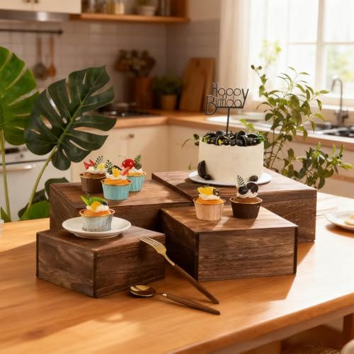 4 Pcs Dessert Table Display Risers, Cubic Rustic Cake Stands Wood