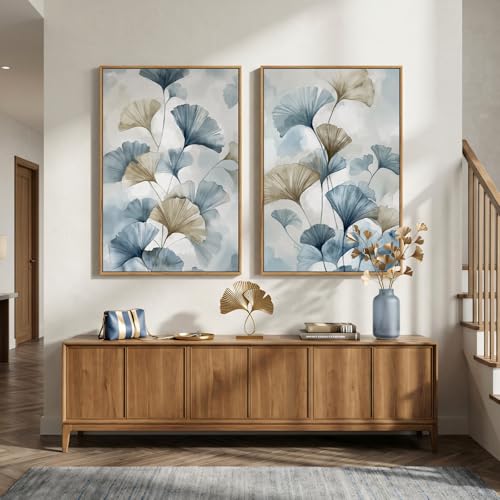 Large Framed Blue Neutral Botanical Ginkgo Wall Art Set of 2, 24x36 Inch - color: Neutral Blue, size: 24" W x 36" H x 2Pcs