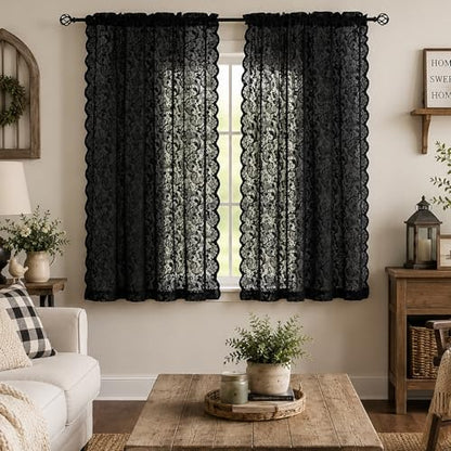 ALIGOGO Black Lace Curtains for Bedroom, Gothic Style, 52W x 63L Inch - color: Black, size: 52"W x 63"L (Pack of 2)