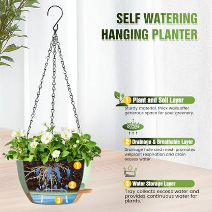 8 Inch Self Watering Hanging Planters Set of 3 with Saucers - color: Green Brown, size: 8 Inch 3 Pack