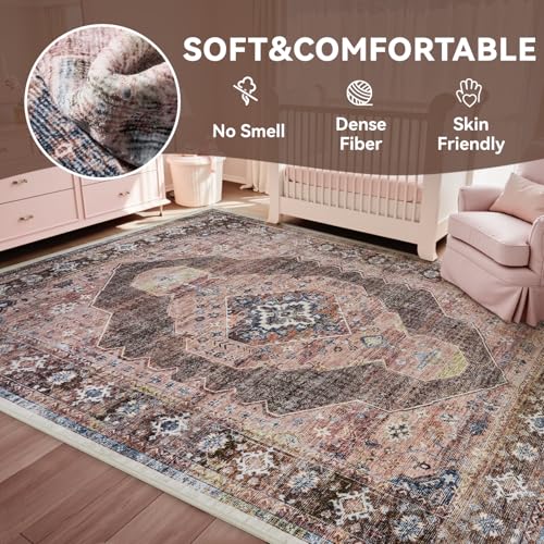 Pink Brown 6x9 Area Rugs for Living Room Bedroom Rug Girl Nursery Rug Washable Soft Study Room Dining Room Rugs Carpet Water Repellent Easy Care Non Slip - color: Pink/Caramel, size: 6' X 9' (Rectangular)