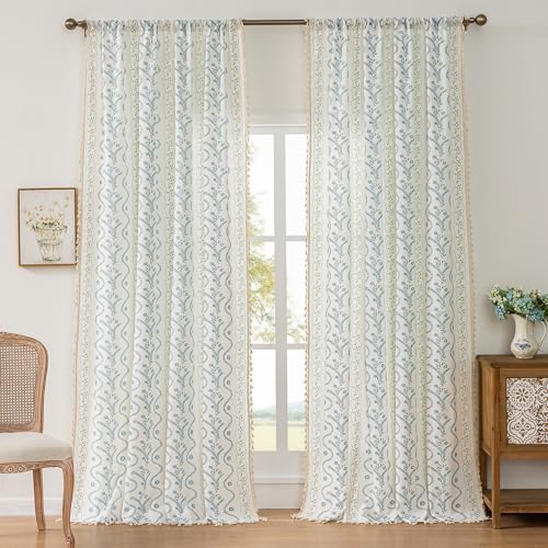 Light Blue Green Boho Floral Curtains 84 Inches Long 2 Panels - color: Blue Green, size: 55"W x 84"L (Pack of 2)