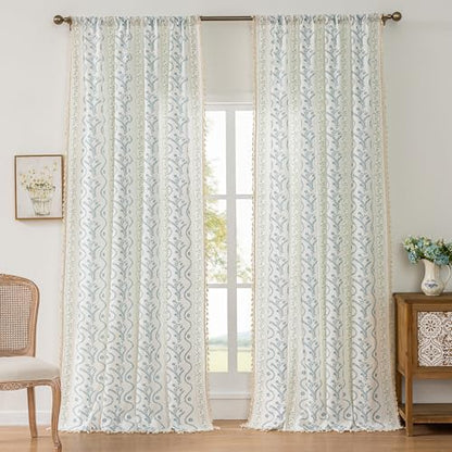 Light Blue Green Boho Floral Curtains 84 Inches Long 2 Panels - color: Blue Green, size: 55"W x 84"L (Pack of 2)