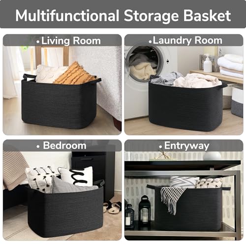 Goodpick 85L Large Woven Rope Blanket Basket, Rectangle, Black - color: Black, size: X-Large(23.6"L x 15.7"W x 13.8"H)