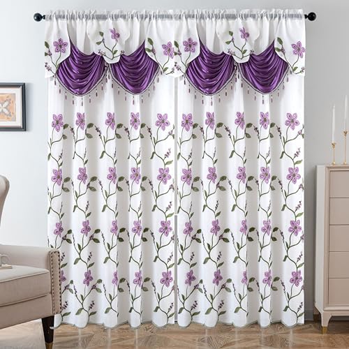 Petrichor Embroidered Sheer Curtain 2 Panels Set - Luxury Window Curtain Attached Valance with Satin Backing and 2 Tie Backs for Living Room,Dining Room, 54x95 inches, Lavender - color: Lavender, size: 54"W x 95"L (Pack of 1)