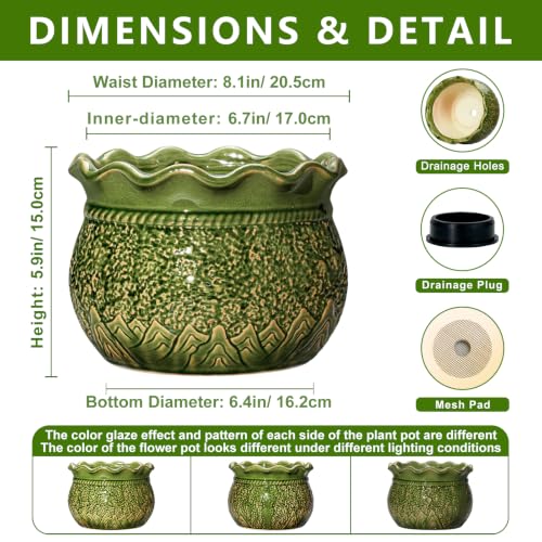 8 Inch Flower Pot, Ceramic Pots for Indoor Plants, Crack Green - color: Crack Green, size: 8 Inch