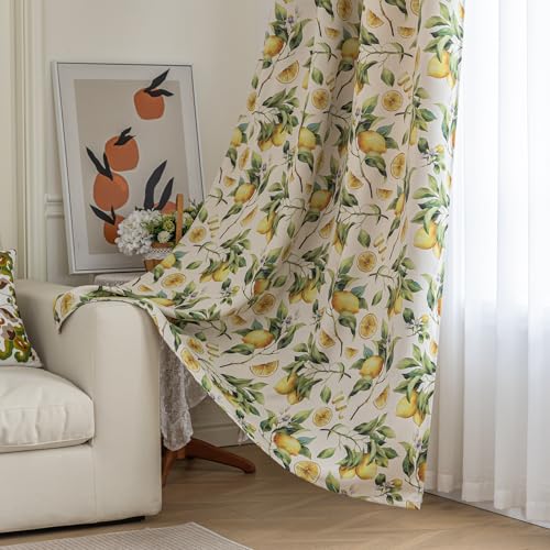 Blackout Curtains for Bedroom, Lemon Leaf Window Drapes 54 Inch Length for Living Room, Thermal Insulated Grommet Curtains, 2 Panels - color: Lemon, size: 52"W x 54"L (Pack of 2)