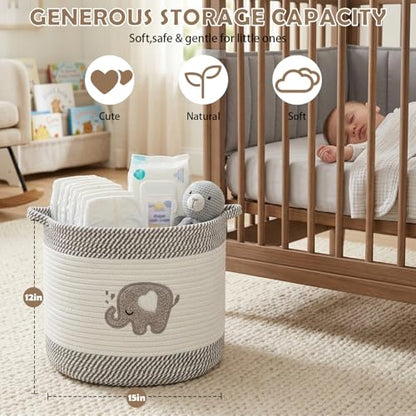 Baby Laundry Basket for Nursery, Large 15”x12” Elephant Storage Baskets - color: Elephant