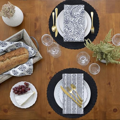 SHACOS Round Placemats Set of 6 Woven Round Table Mats 15 inch Braided Border Washable Cotton Polyester Circle Place Mats, Black (Pack of 2) - color: Black, size: 6 pieces (Pack of 2)