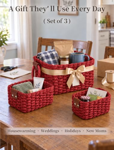 Small Wicker Baskets, 3 PCS Paper Rope Baskets for Shelves, Red - color: Red