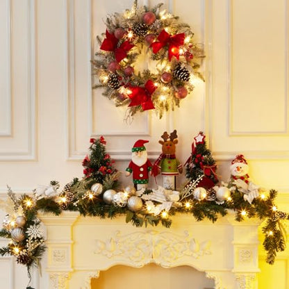 LinTimes 6 FT Pre-Lit Christmas Garland, Silver Lighted Xmas Garland with 20 LED Lights with Timer for Mantle Staircase Table, Winter Garland with Ribbon, Xmas Balls, Snowflake, Battery Operated