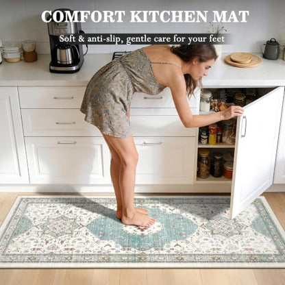 Boho Kitchen Rug Set of 3, Non-Slip Washable Water Green Kitchen Mat - color: Water Green, size: 20"x32"+20"x48"+20"x59"