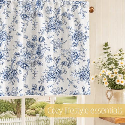 Blue Floral Blackout Window Valance Curtain, Toile Flower Valances - color: Flower 5, size: 52"W x 18"L (Pack of 1)