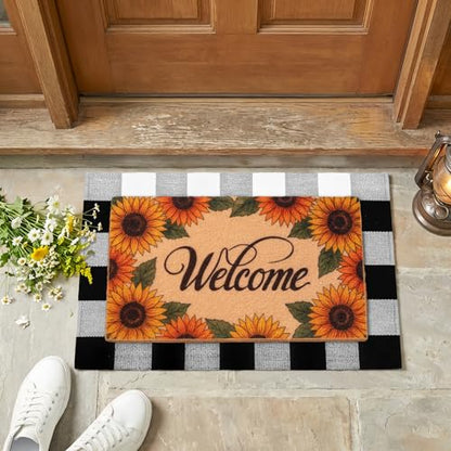 2-Piece Layered Welcome Mat Set - Coir Doormat & Buffalo Plaid Rug - color: Floral Sunflower