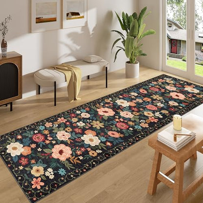 DUKINO 2x8 Runner Rug, Floral Washable Kitchen Runner Rug Non Slip, Black - color: Black, size: 2' x 8' (Rectangular)