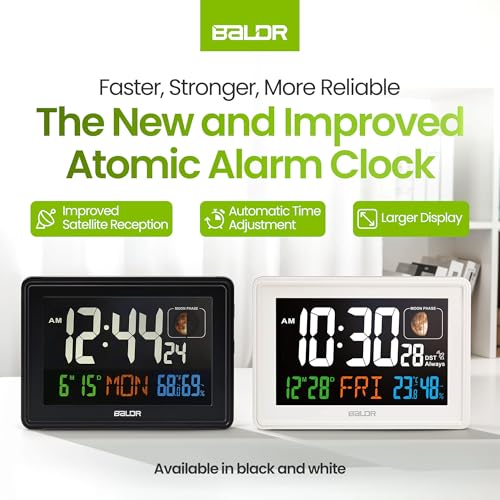 Baldr Digital Alarm Atomic Clock, 7'' Display with Adjustable Brightness - color: White
