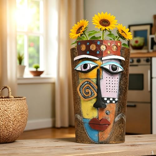 Picasso Abstract Face Planters Flower Pots, Handmade Resin Pots for Plants - color: Brown