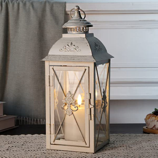 TRIROCKS Elegant Vintage Lantern - Decorative 13.5'' Metal & Glass Candle Holder - Perfect for Indoor & Outdoor Use, Patio, Garden, Parties - Sophisticated White & Gold Brushed Finish - color: White, size: 13.5 inches