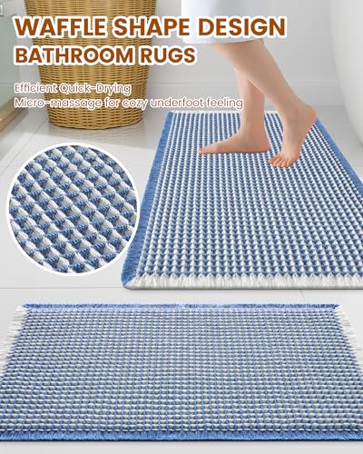 Smiry Waffle Bath Mat 47X24, Soft Absorbent Bathroom Rugs, Blue & Cream - color: Blue & Cream, size: 47" X 24"