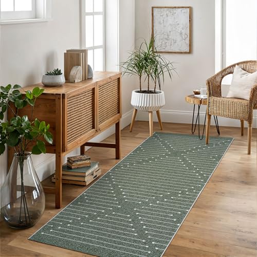 LIVEBOX 2x6 Green Entryway Runner Rug, Hallway Kitchen Cotton Woven Runners, Washable Narrow Rugs for Laundry Room (Dark Green & White) - color: Dark Green & White, size: 2' x 6' (Runner)